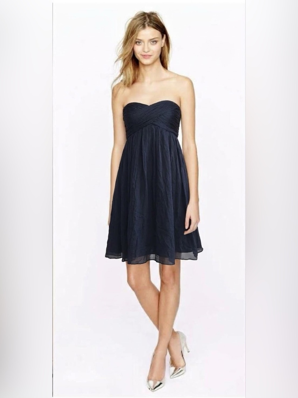 Vintage J.Crew Taryn 100% Silk Chiffon Midnight Dark Navy Blue Strapless 6 EUC